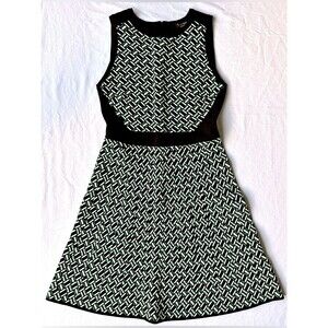 WHBM Dress XS Petite Fit & Flare Sleeveless Black White Green Geometric Print